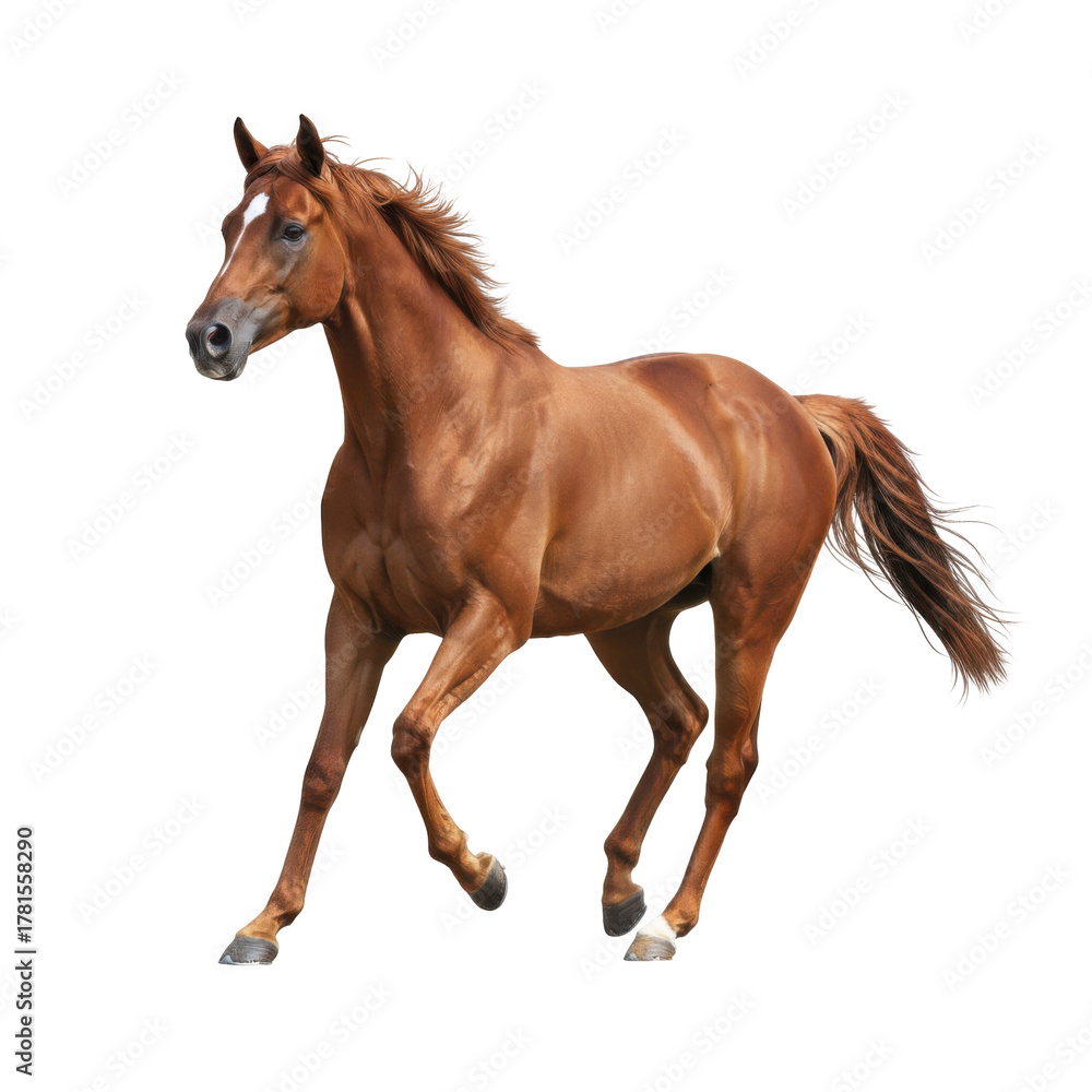 Obraz premium Majestic Chestnut Horse in Motion, Showcase of Graceful Power and Agility Against Solid Space