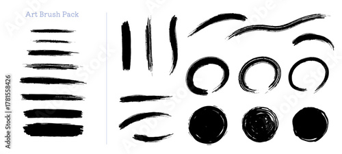 筆で書いたようなアートブラシと筆で書いたストローク、丸の装飾セット