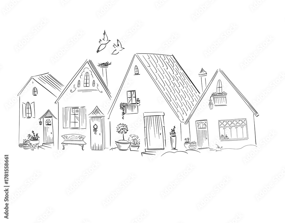 Fototapeta premium French village, beautiful rural style, traditional houses, sketch on white background