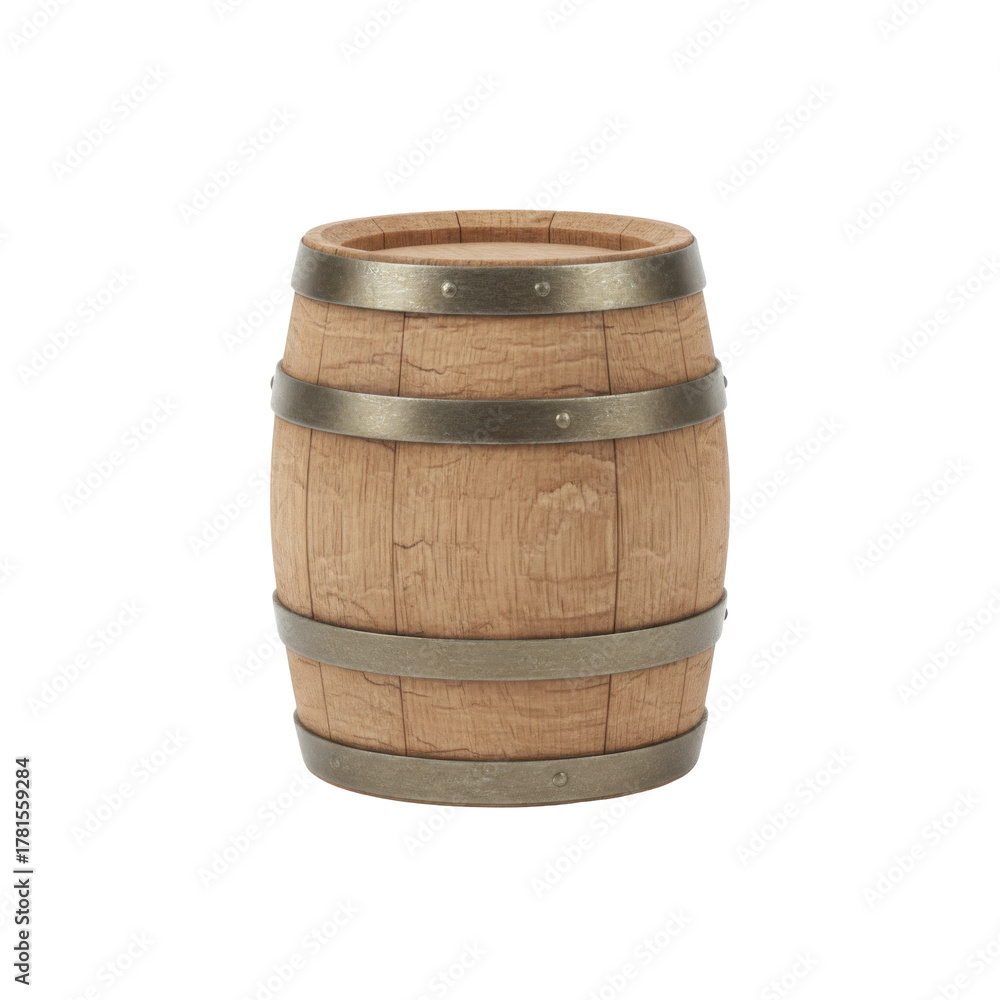 Fototapeta premium Rustic wooden barrel with aged metal hoops in a minimalist setting showcasing craftsmanship