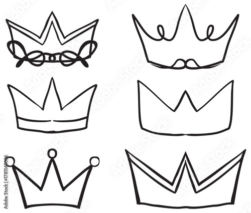 手書きの線画の王冠イラストセット - ラフでゆるいタッチの装飾素材