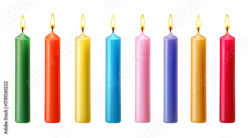 Row of colorful birthday candles with flickering flames, isolated on a soft blue background.