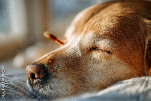 Close-Up of a Sleeping Golden Retriever Dog with Soft Sunlight Highlighting Its Fur and Peaceful Expression on a Cozy Blanket