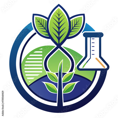 Biotechnology logo with a plant sprout and a laboratory flask, symbolizing growth and scientific research in agriculture and life sciences