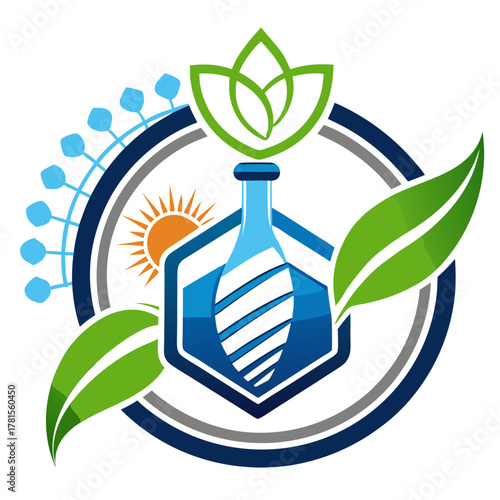 Ecofriendly biotechnology logo with a plant sprout emerging from a test tube, sun, and abstract elements, signifying renewable energy and green chemistry