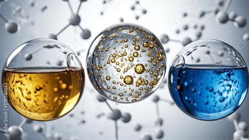 Molecular Marvels: Three spheres, each filled with a unique liquid composition, are suspended in a realm of interconnected molecules, revealing the beauty and complexity of scientific exploration.