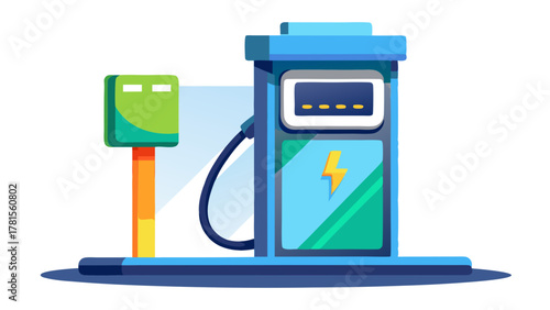 Modern electric vehicle charging station with a green charging post and a separate green charging unit