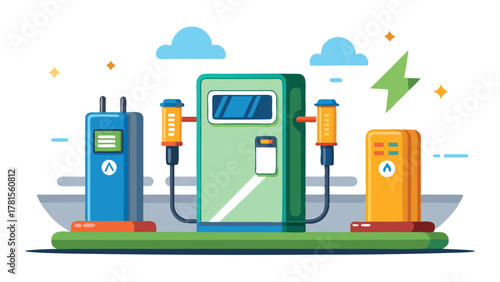 Electric vehicle charging station with multiple charging points and colorful design, representing sustainable energy and future transportation
