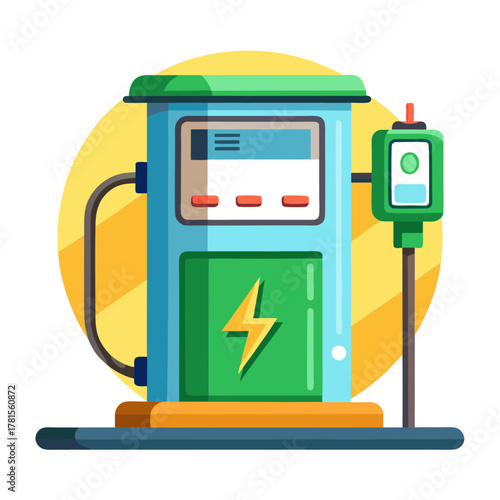 Modern electric vehicle charging station with a lightning bolt symbol, representing clean energy and sustainable transportation