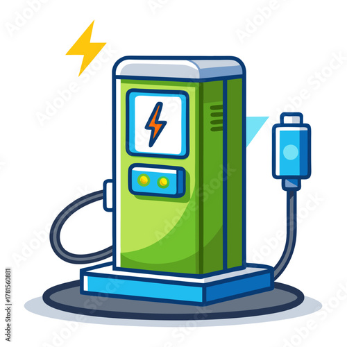 Green electric vehicle charging point with a blue plug and cable, featuring a lightning bolt symbol for power, on a