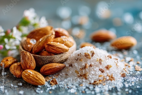 Close-Up of Almonds, Sea Salt, and Delicate Flowers on a Rustic Table Top, Highlighting Natural Ingredients for Culinary and Health Purposes in a Serene Setting