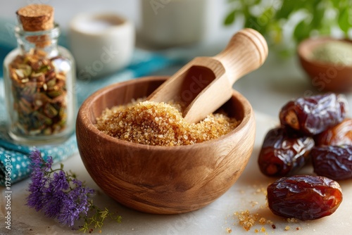 Close-up of Brown Sugar in Wooden Bowl with Dates, Botanicals and Herbs in Background, Highlighting Natural Ingredients for Culinary Use and Healthy Cooking
