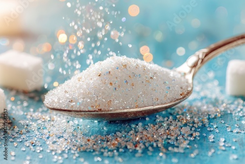 Close-up of Granulated Sugar Poured from a Spoon onto a Shimmering Surface with Sugar Cubes and Soft Bokeh Background for Culinary and Lifestyle Concepts
