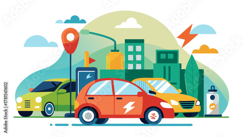 A variety of electric cars parked and charging in a city environment, showcasing the growing trend of electric mobility and sustainable urban living