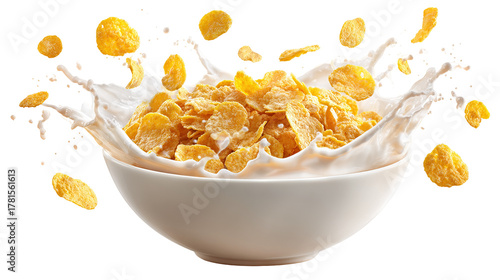top view of crispy corn flakes in bowl with spoon and milk isolated on white.
