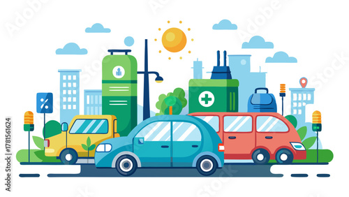 A diverse range of electric cars, including sedans and vans, parked at charging points in a city environment with clean energy infrastructure, promoting sustainable urban mobility