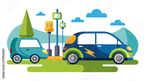 Two electric cars charging at a charging station with a tree and streetlights in a stylized landscape with mountains and clouds