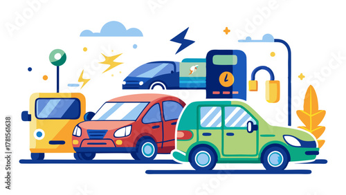 Diverse electric cars including a yellow van, red sedan, and green suv parked at a futuristic charging station with lightning bolt symbols