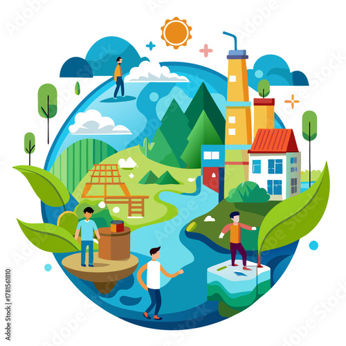Stylized depiction of the earth with people engaging in activities, highlighting urban development, nature, and human interaction