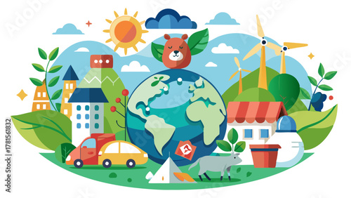 A vibrant illustration depicting the earth surrounded by elements of urban life, nature, and sustainable practices, including cars, buildings, and wind turbines