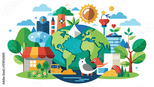 Conceptual illustration of the earth as a central element, surrounded by symbols of community, nature, and sustainable living, featuring birds, trees, and buildings