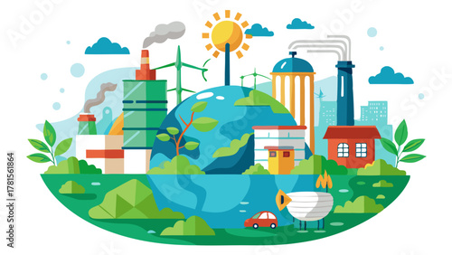 Ecoconscious world illustration with factories, renewable energy sources like wind turbines and solar power, and a car, representing global sustainability efforts