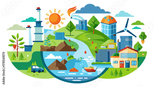 Vibrant flat design cityscape showcasing a harmonious blend of nature and industry, featuring a river, mountains, wind turbine, and ecofriendly transportation