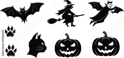 Halloween silhouettes collection, bat, witch, vampire, cat, paw print, jack-o'-lantern, spooky icons, black shapes, flat vector illustration