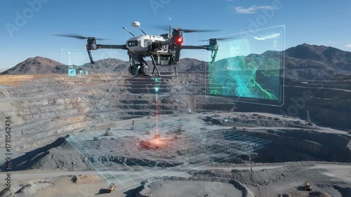 Medium shot showing drone inspecting highaltitude mining area highlighting realtime data collection and terrain mapping technology.