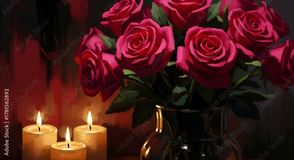 Fototapeta premium a bouquet of crimson roses sits in a vase beside flickering candles, petals painted with bold textured strokes.
