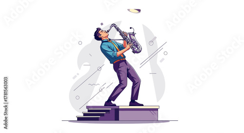 Saxophone player in action, standing on a stage under a spotlight, passionately performing. Concept for music event promotion, artistic expression and live performance illustration