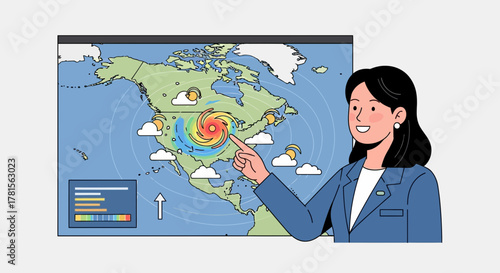 Cheerful female meteorologist presenting North America weather forecast with a hurricane on a map, concept for weather update, storm preparation and climate science