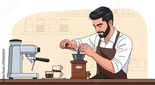 Male barista grinding coffee beans with manual grinder near espresso machine, concept for cafe promotion, coffee shop advertising and beverage blog post