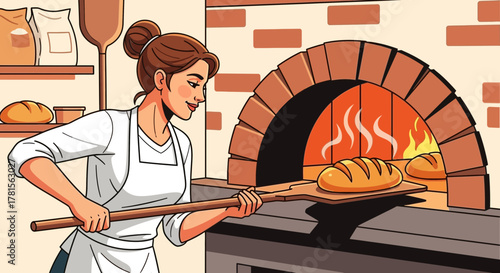 Female baker pulling out fresh bread from a brick oven with a peel, concept for bakery advertising, culinary illustration and artisan food branding