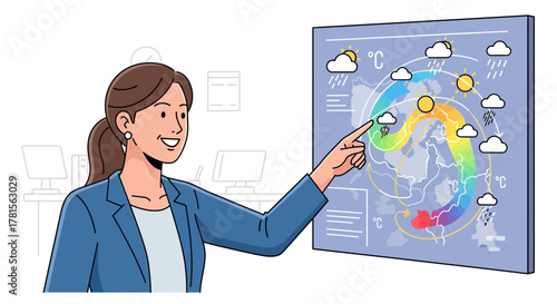Meteorologist pointing at weather forecast map with clouds and sun symbols, concept for climate analysis, environmental prediction and education presentation