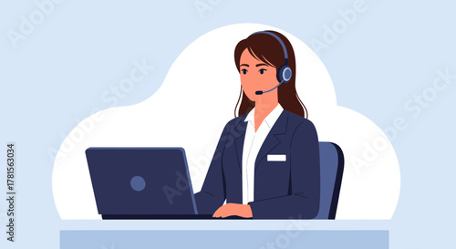 Female customer service manager with headset in front of laptop on the desk, concept for online support assistance, call center solution and telecomunication services