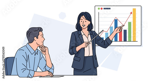 Businesswoman presenting financial data to colleague with chart on screen showcasing growth and progress, concept for business presentation, sales report and corporate training