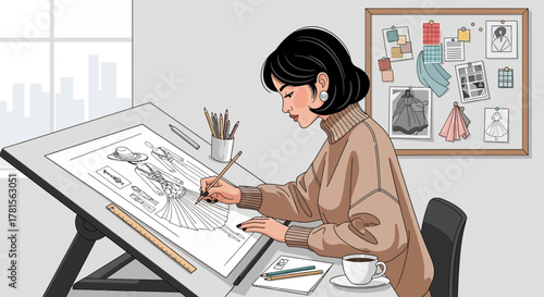 Female fashion designer drawing dress sketches on design table in her studio, concept for creative occupation, clothing brand development and textile design