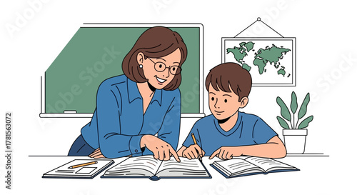 A tutor guides a schoolboy through lessons at the desk near blackboard, concept for private tutoring, homeschooling support and educational assistance