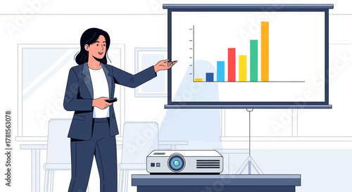 Female sales manager presents a bar chart data using projector in the office meeting room, concept for business presentation, financial analysis and corporate training