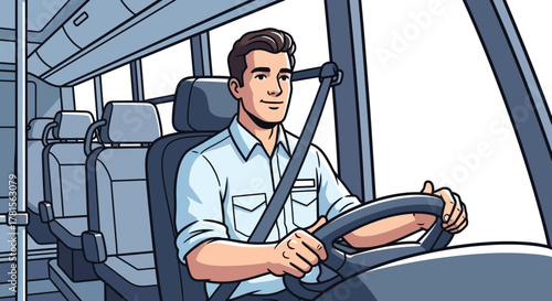 Illustration of a bus driver wearing a seatbelt, focusing on the steering wheel and interior, portraying safety and responsibility. Concept for public transportation, tourism services and driver