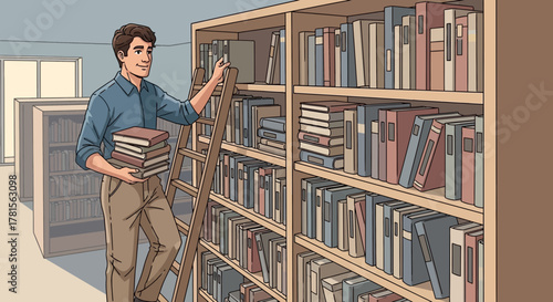 Cartoon man holding books near a full bookshelf while standing on a ladder, concept for education, library services and book preservation