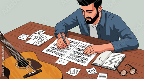 Illustration of a man composing music with guitar, notes and book on a wooden table, concept for musical composition, song writing and music education