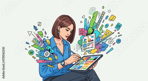 Creative woman graphic designer working with digital tablet and stylus surrounded by design elements, concept for web design, app interface and branding development