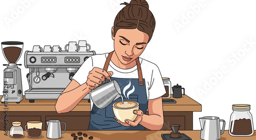 Female barista pouring milk into a cup creating latte art, concept for cafe promotion, coffee shop advertising and culinary blog