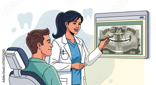 Female dentist pointing at x-ray explaining to patient in clinic, concept for dental care, oral health and medical consultation