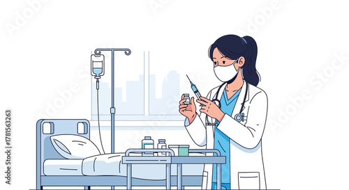 Female doctor in lab coat prepares injection near a hospital bed, concept for vaccination campaign, healthcare awareness and medical illustration