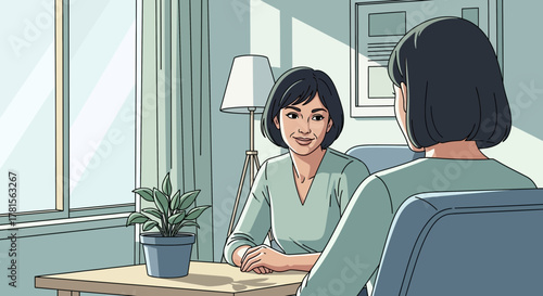 Illustrative image of two businesswomen discussing project at table in bright office space, concept for corporate meeting, client consultation and business teamwork