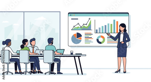 A female financial advisor presents business data charts to colleagues in a modern office, concept for company strategy, investment report and business training