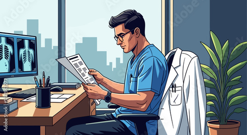 Attentive male radiologist reviewing patient data at his desk with x-ray images on the screen, concept for medical professional use, healthcare data analysis and patient care solutions